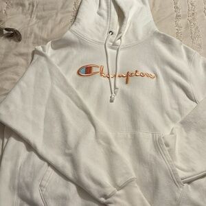 NEW (no tags) Champion unisex white sweatshirt, embroidered peach/yellow logo